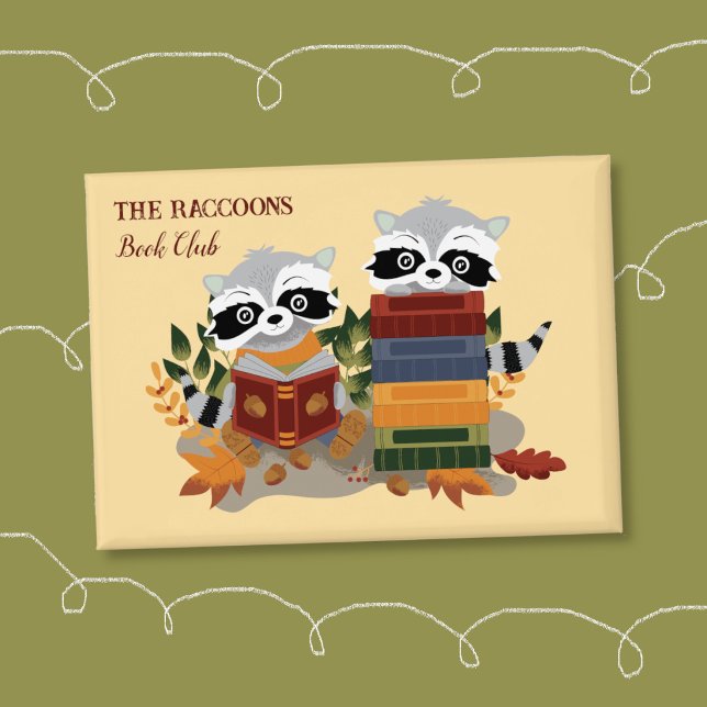 Kid Book Club Raccoons Pin Button (Custom yellow button with cartoon raccoons for kids book clubs . )