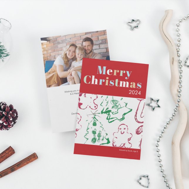 Kid Christmas Art Merry Christmas Custom Photo Holiday Card (kid's christmas art on family holiday photo card.)