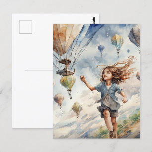 kid flying kites postcard