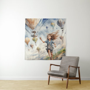 kid flying kites tapestry