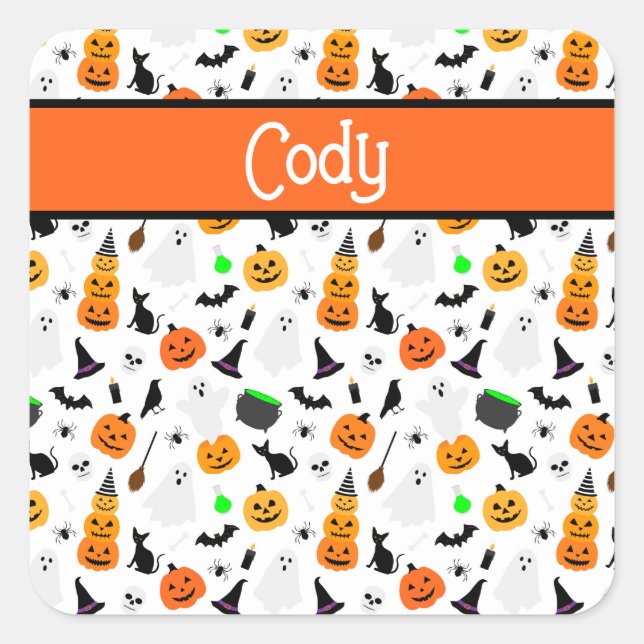 Kid Halloween Ghost Pumpkin Black Cat Personalise  Square Sticker (Front)