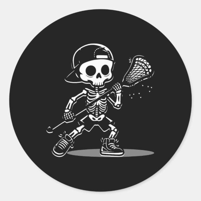 Kid Halloween Skeleton Playing Lacrosse Sport Play Classic Round Sticker (Front)