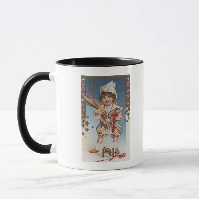 Kid Holding Fireworks and Rockets Mug (Left)