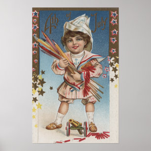 Kid Holding Fireworks and Rockets Poster