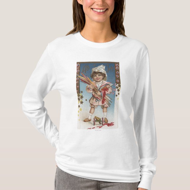 Kid Holding Fireworks and Rockets T-Shirt (Front)