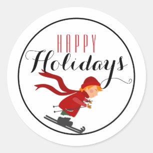 Kid in Red Skier Happy Holiday / White Classic Round Sticker