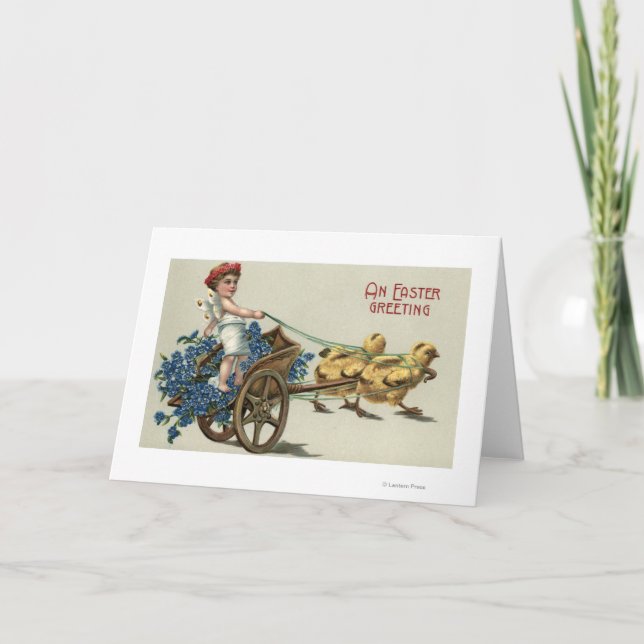Kid in Toga on Chariot Pulled by Chicks Holiday Card (Front)