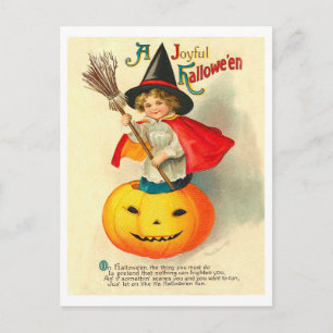Kid in witch costume on carved pumpkin, vintage postcard