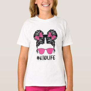 Kid life Girl Messy Bun with Cute Pink Sunglasses  T-Shirt