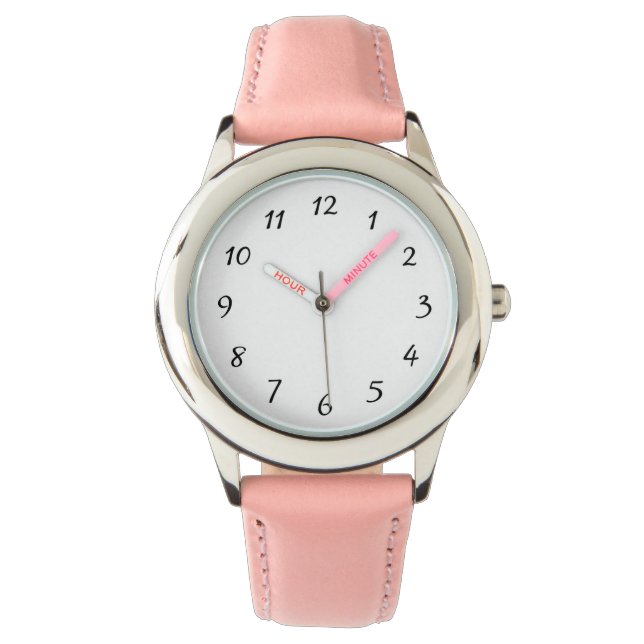 Kid Pink Stainless Steel Pink Leather Strap Watch (Front)