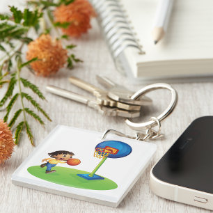 Kid Playing Basketball with Hoop Fun Sports Key Ring