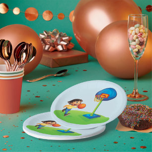 Kid Playing Basketball with Hoop Fun Sports Paper Plate