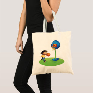Kid Playing Basketball with Hoop Fun Sports Tote Bag