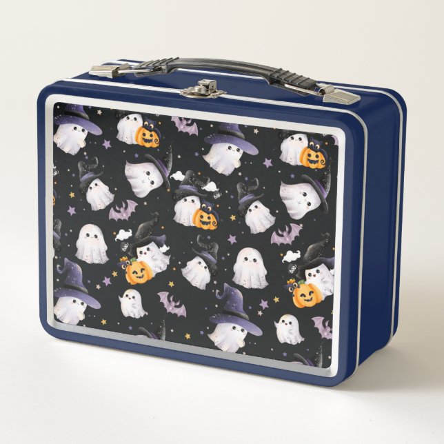 Kid’s Black & Purple Illustrated Ghost Lunch Box (Front)