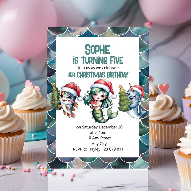 Kid`s Mermaid 5th Christmas Birthday Invitation (Creator Uploaded)