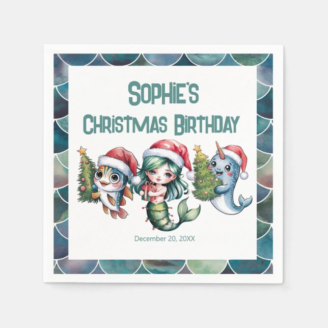 Kid`s Mermaid 5th Christmas Birthday Paper Napkin (Front)