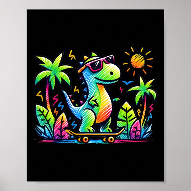 Kidcore Aesthetic Dinosaur Skateboarding Doodle Al Poster (Front)