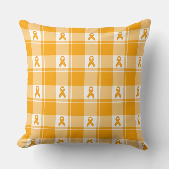 Kidney Cancer Awareness Plaid Orange Ribbon Cushion (Front)