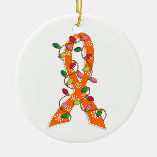 Kidney Cancer Christmas Lights Ribbon Ceramic Tree Decoration (Front)