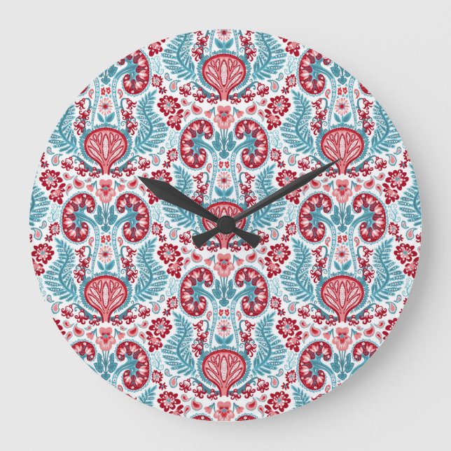 Kidney Damask in Red/Teal Large Clock (Front)