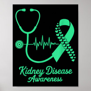 Kidney disease awareness green march ribbon heart  poster