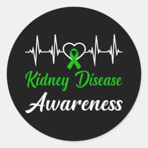 Kidney Disease Awareness Love Heartbeat Green Ribb Classic Round Sticker