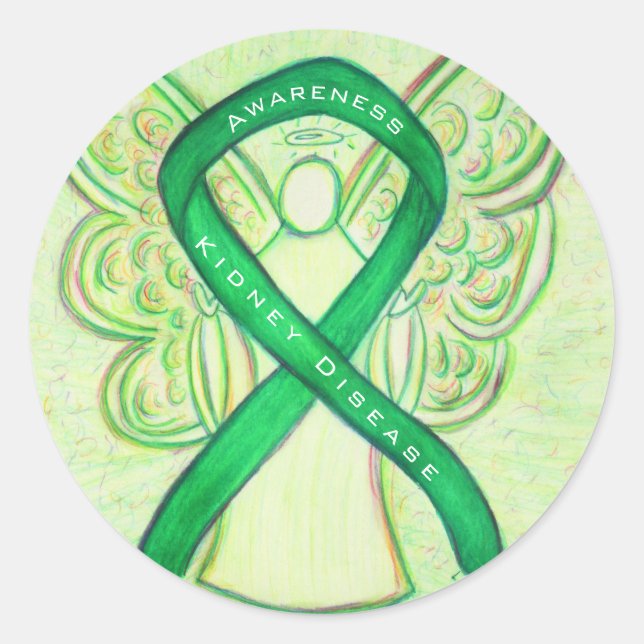 Kidney Disease Awareness Ribbon Angel Decal Classic Round Sticker (Front)