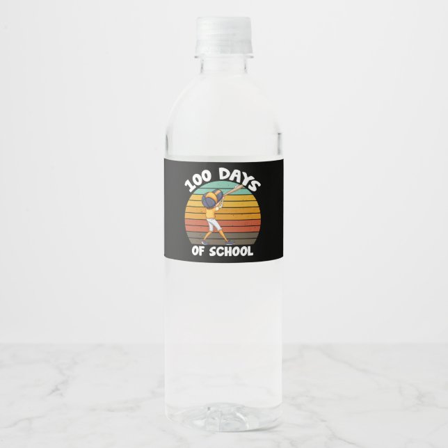 Kids 100 Days Of School Boys 100th Day Baseball Water Bottle Label (Front)