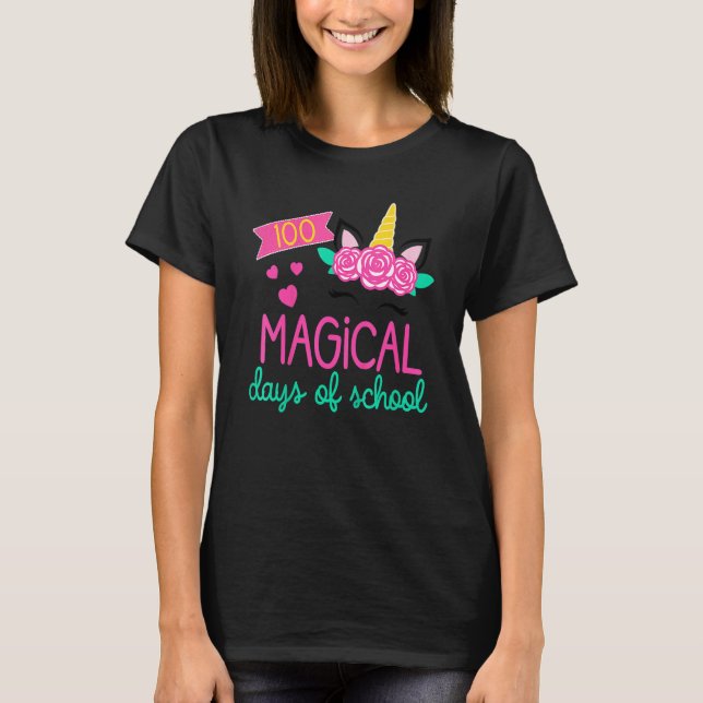 Kids 100 Days Of School Girls Unicorn 100 Magical  T-Shirt (Front)