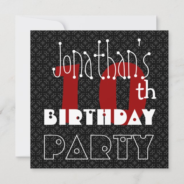 Kid's 10th Birthday Custom Name Black White Red Invitation (Front)