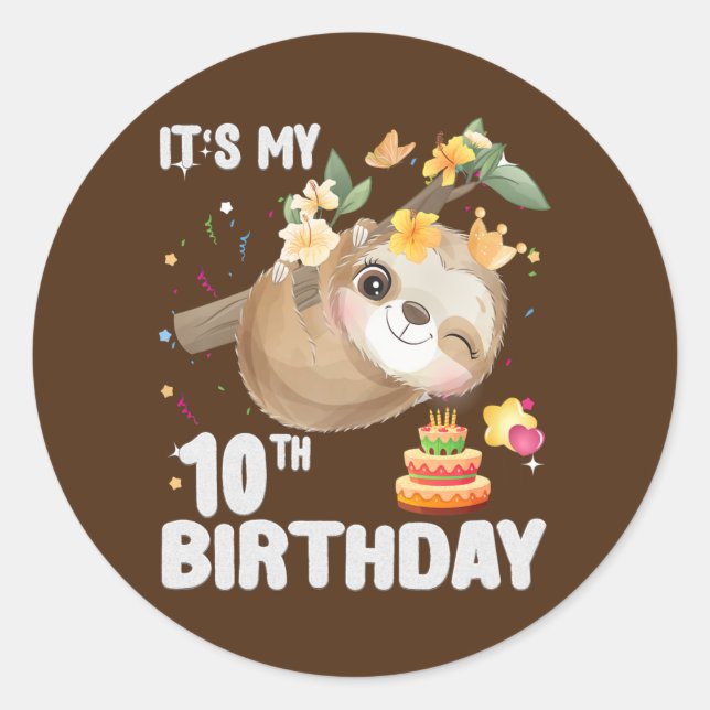 Kids 10th Birthday Sloth Girl Party Cute Sloth Classic Round Sticker (Front)