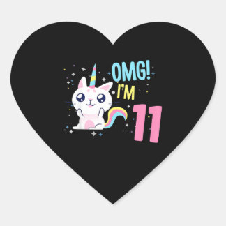 Kids 11 Year Old Girl Birthday Outfit Unicorn Cat Heart Sticker