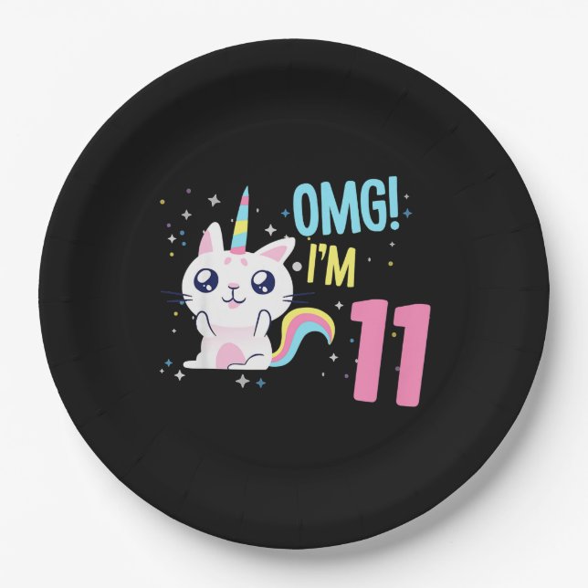 Kids 11 Year Old Girl Birthday Outfit Unicorn Cat Paper Plate (Front)