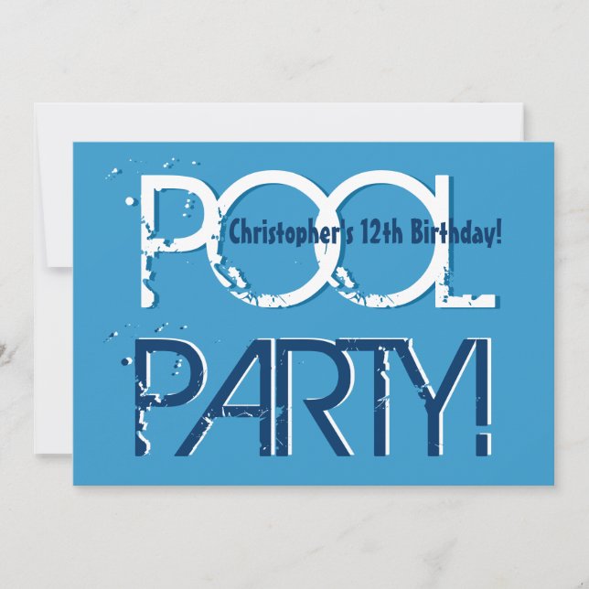 Kid's 12th Birthday Pool Party Blue White Template (Front)