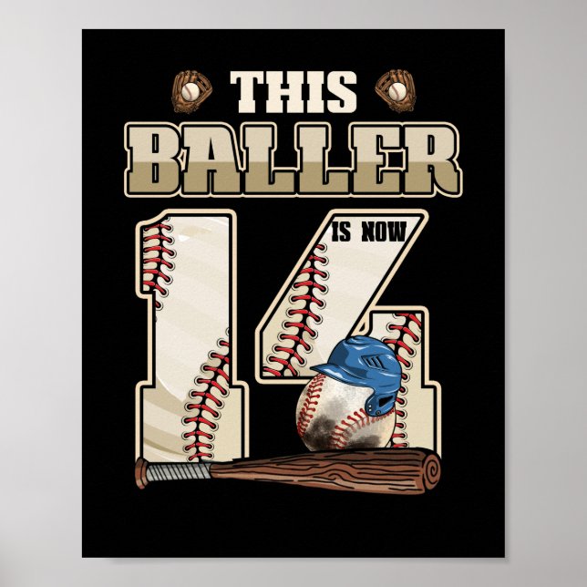 Kids 14th Birthday Baseball Boy Fourteen Year Old Poster (Front)