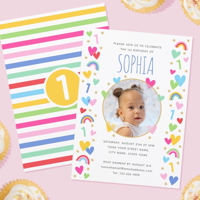 Kids 1st Birthday Cute Rainbow Photo Hearts Yellow Invitation (Creator Uploaded)