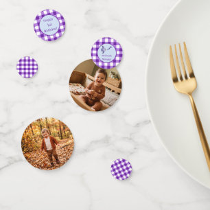 Kids 1st Birthday Photo Purple Gingham Fish Confetti