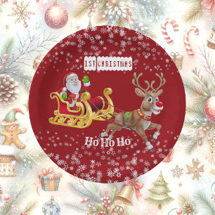 Kid's 1st Christmas Santa Reindeer Sleigh Ho-Ho-Ho Paper Plate