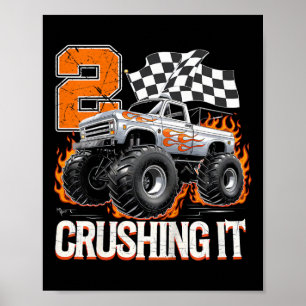 Kids 2 Crushing It Monster Truck Cool 2nd Birthday Poster