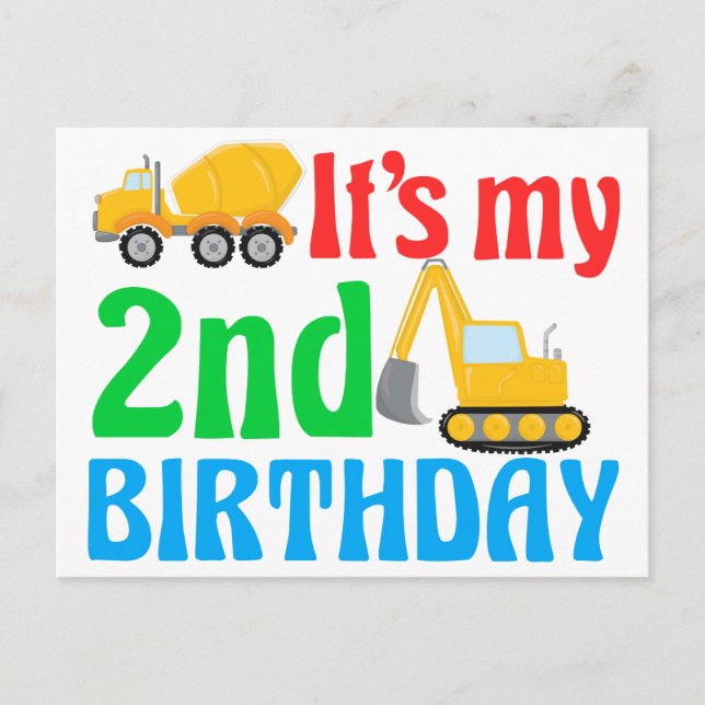 Kids 2nd Birthday Boy Construction Vehicle Postcard (Front)