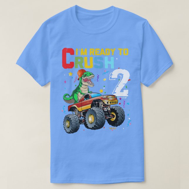 Kids 2nd Birthday Boy Monster Truck Dinosaur T Rex T-Shirt (Design Front)