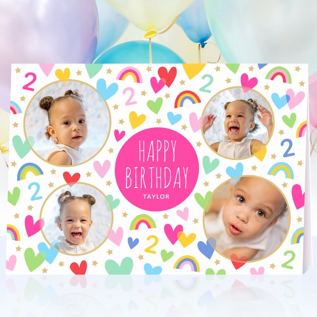 Kids 2nd Birthday Cute Rainbow Photo Hearts Pink Card (Creator Uploaded)