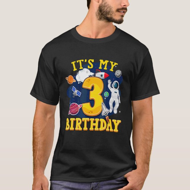 Kids 3 Years Old Astronaut Outer Space 3rd Birthda T-Shirt (Front)