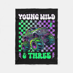 Kids 3rd Birthday Boy Monster Truck Young Wild And Fleece Blanket