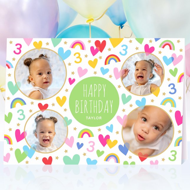 Kids 3rd Birthday Cute Rainbow Photo Hearts Green Card (Creator Uploaded)