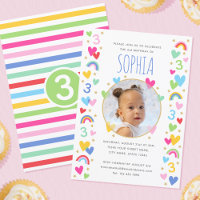 Kids 3rd Birthday Cute Rainbow Photo Hearts Green