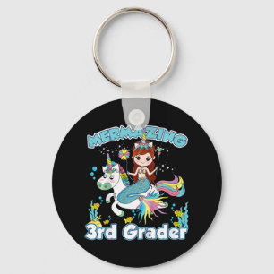 Kids 3rd Grade Mermaid Riding Unicorn Back to Scho Key Ring