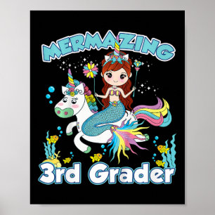 Kids 3rd Grade Mermaid Riding Unicorn Ck To School Poster