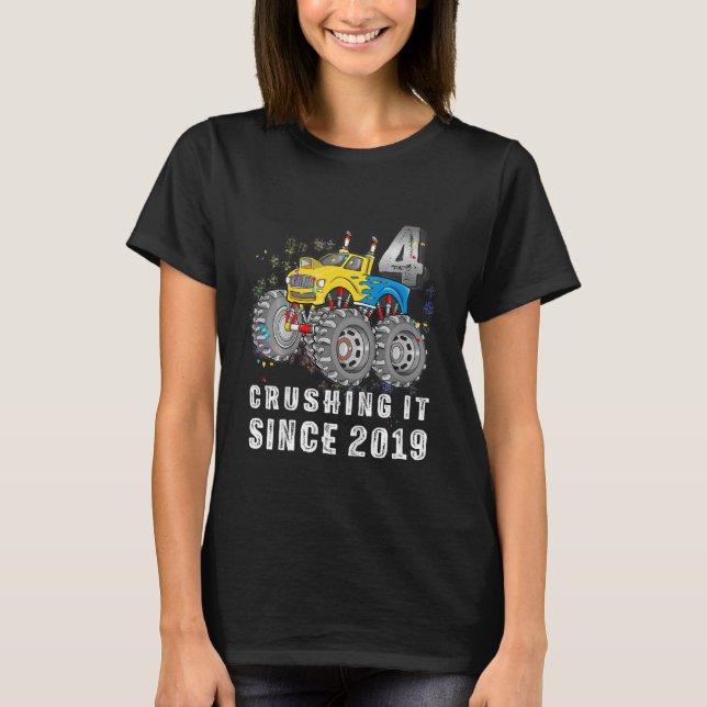 Kids 4 Crushing It Since 2019 Monster Truck 4th Bi T-Shirt (Front)
