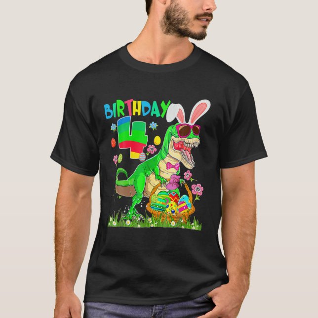 Kids 4 Year Old Rex Dinosaur Easter Bunny Egg 4Th T-Shirt (Front)